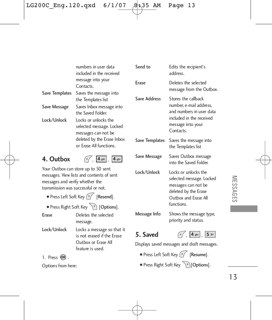 Outbox, Saved, Messages | LG 200C User Manual | Page 15 / 39