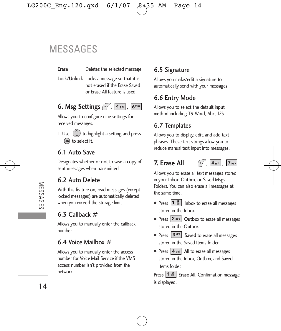 Messages, Msg settings, Erase all | 1 auto save, 2 auto delete, 3 callback, 4 voice mailbox, 5 signature, 6 entry mode, 7 templates | LG 200C User Manual | Page 16 / 39