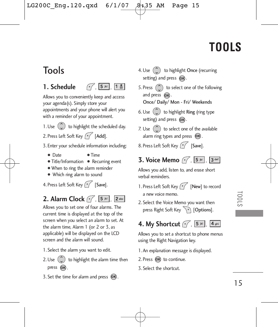 Tools, Schedule, Alarm clock | My shortcut | LG 200C User Manual | Page 17 / 39
