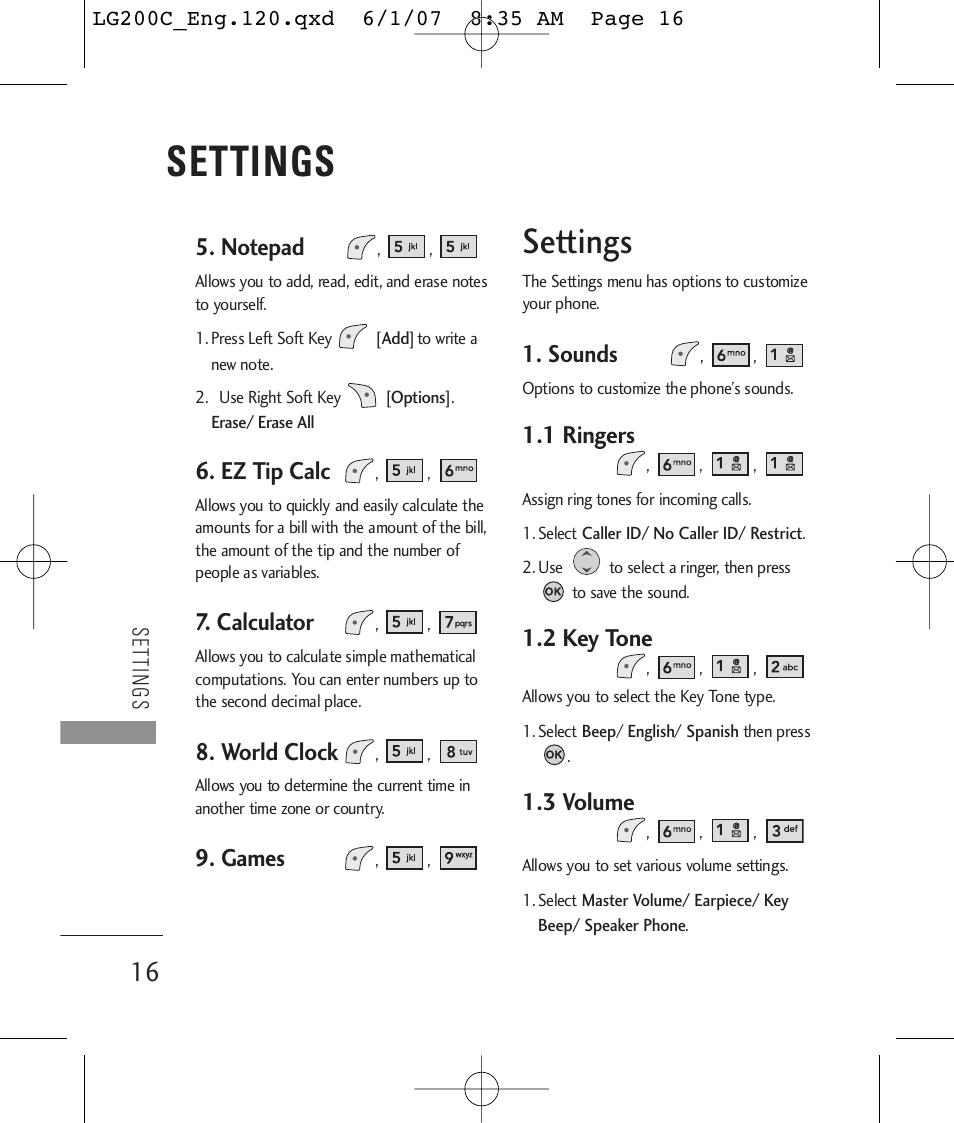 Settings, Ez tip calc, Calculator | World clock, Games, Sounds, 1 ringers, 2 key tone, 3 volume | LG 200C User Manual | Page 18 / 39