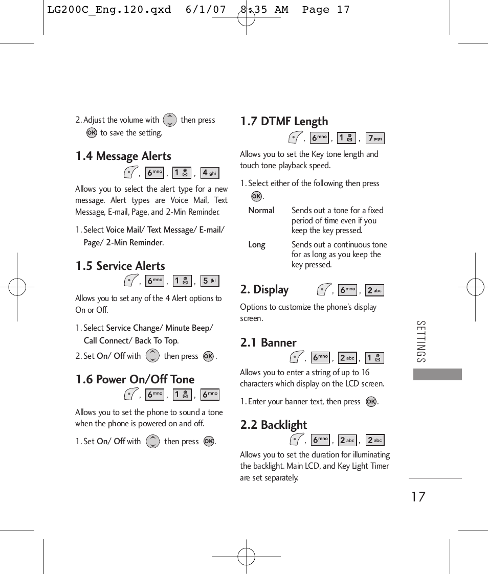 4 message alerts, 5 service alerts, 6 power on/off tone | 7 dtmf length, Display, 1 banner, 2 backlight | LG 200C User Manual | Page 19 / 39