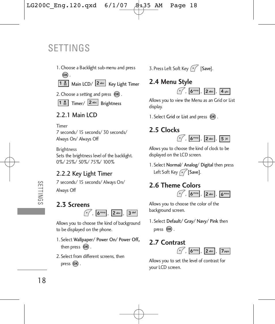 Settings, 3 screens, 4 menu style | 5 clocks, 6 theme colors, 7 contrast | LG 200C User Manual | Page 20 / 39