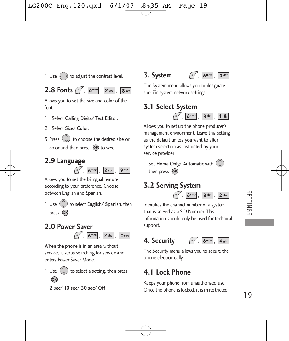 8 fonts, 9 language, 0 power saver | System, 1 select system, 2 serving system, Security, 1 lock phone | LG 200C User Manual | Page 21 / 39