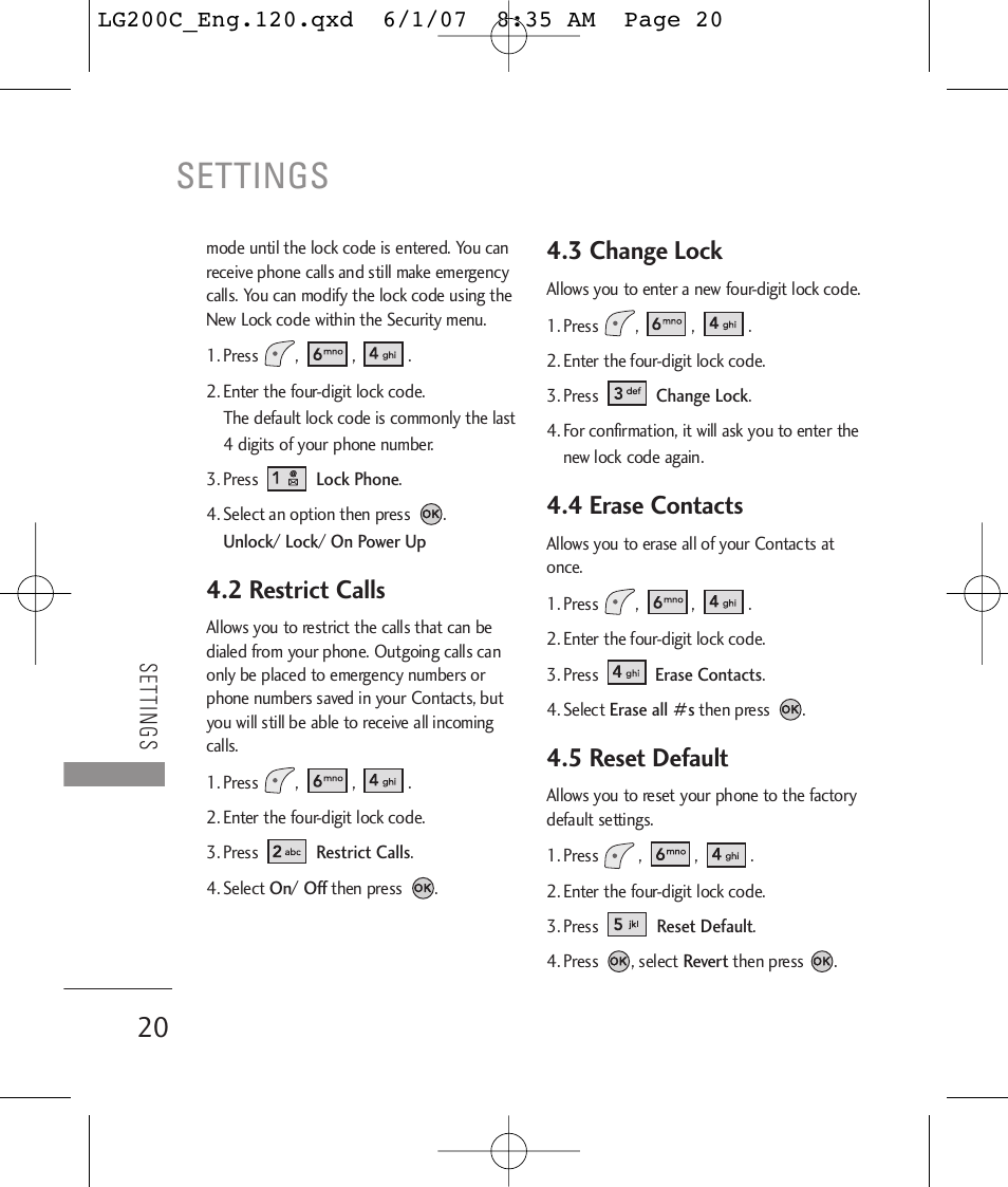 Settings, 2 restrict calls, 3 change lock | 4 erase contacts, 5 reset default | LG 200C User Manual | Page 22 / 39