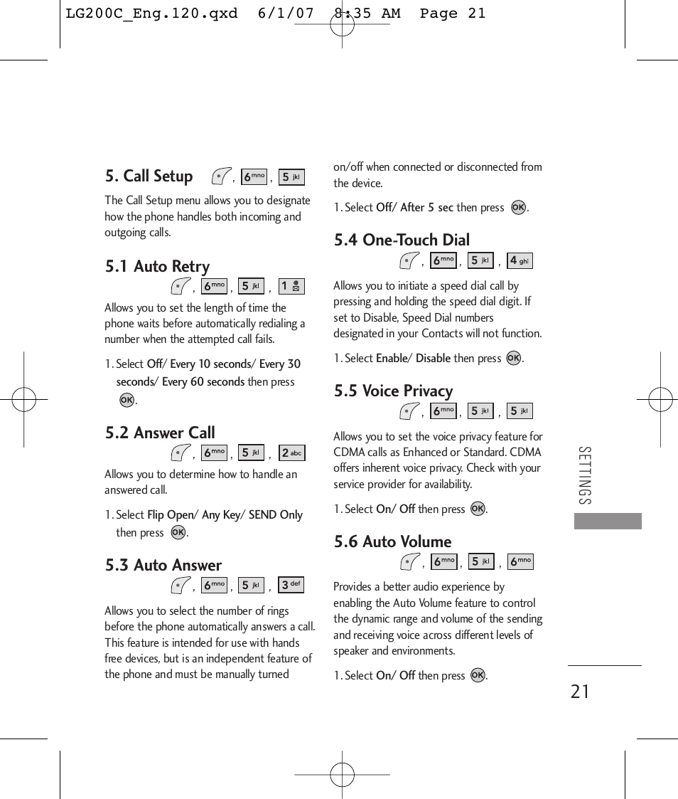 Call setup, 1 auto retry, 2 answer call | 3 auto answer, 4 one-touch dial, 5 voice privacy, 6 auto volume | LG 200C User Manual | Page 23 / 39
