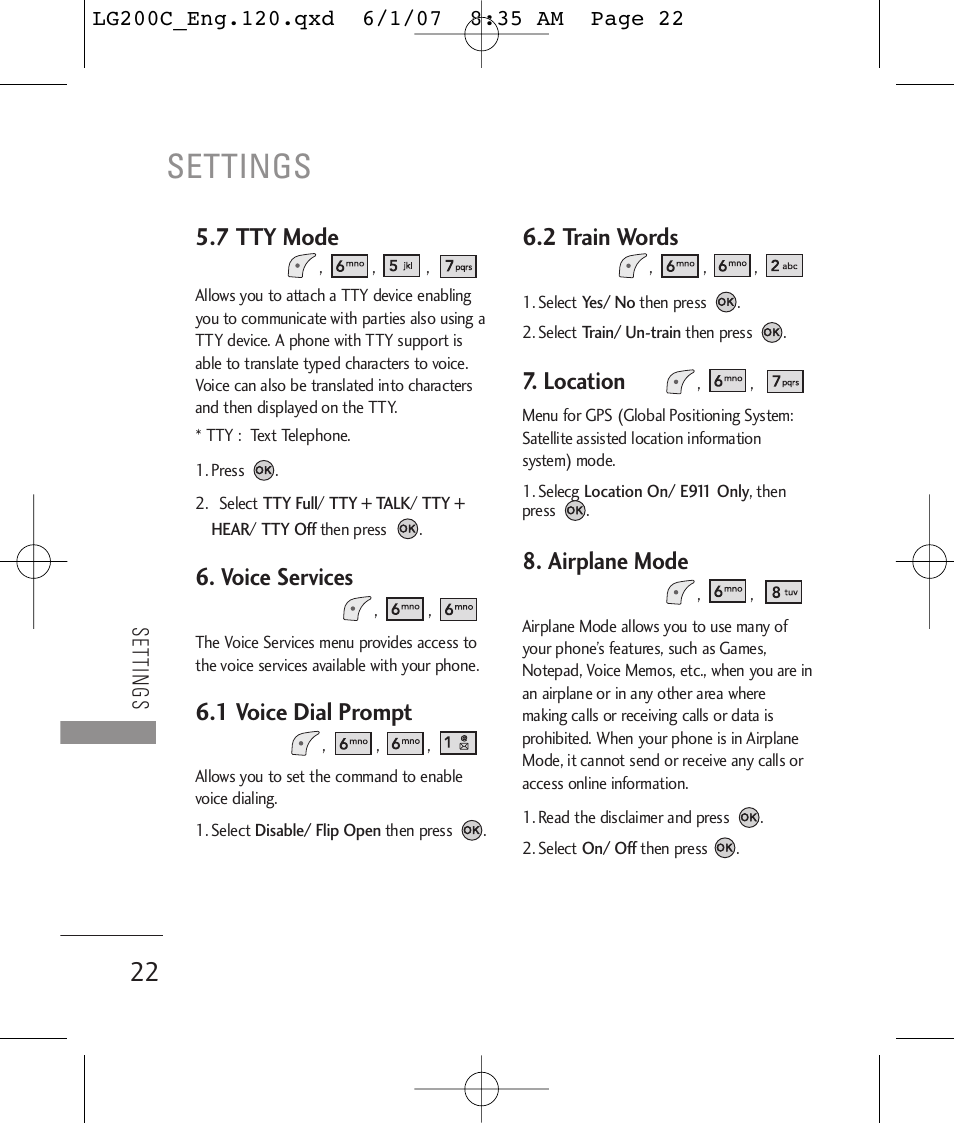 Settings, 7 tty mode, Voice services | 1 voice dial prompt, 2 train words, Location, Airplane mode | LG 200C User Manual | Page 24 / 39