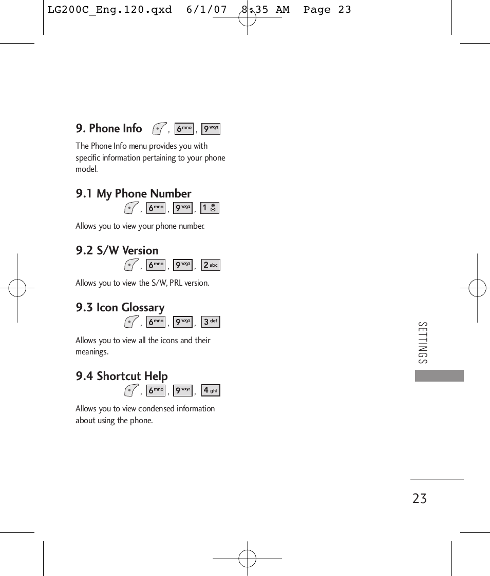 Phone info, 1 my phone number, 2 s/w version | 3 icon glossary, 4 shortcut help | LG 200C User Manual | Page 25 / 39