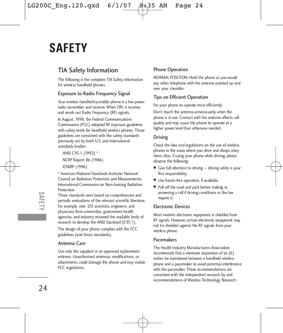 Tia safety information, Safety | LG 200C User Manual | Page 26 / 39