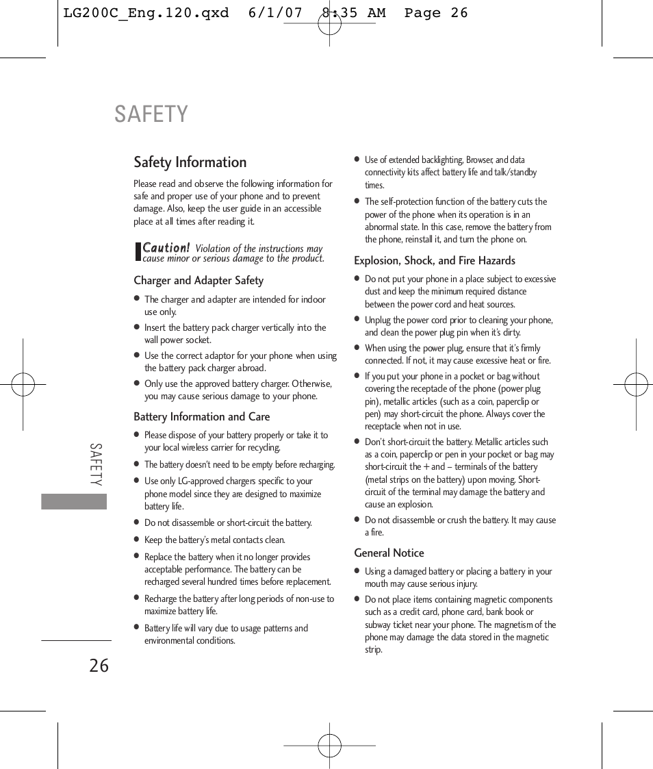 Safety, Safety information, Ccaauuttiioonn | LG 200C User Manual | Page 28 / 39