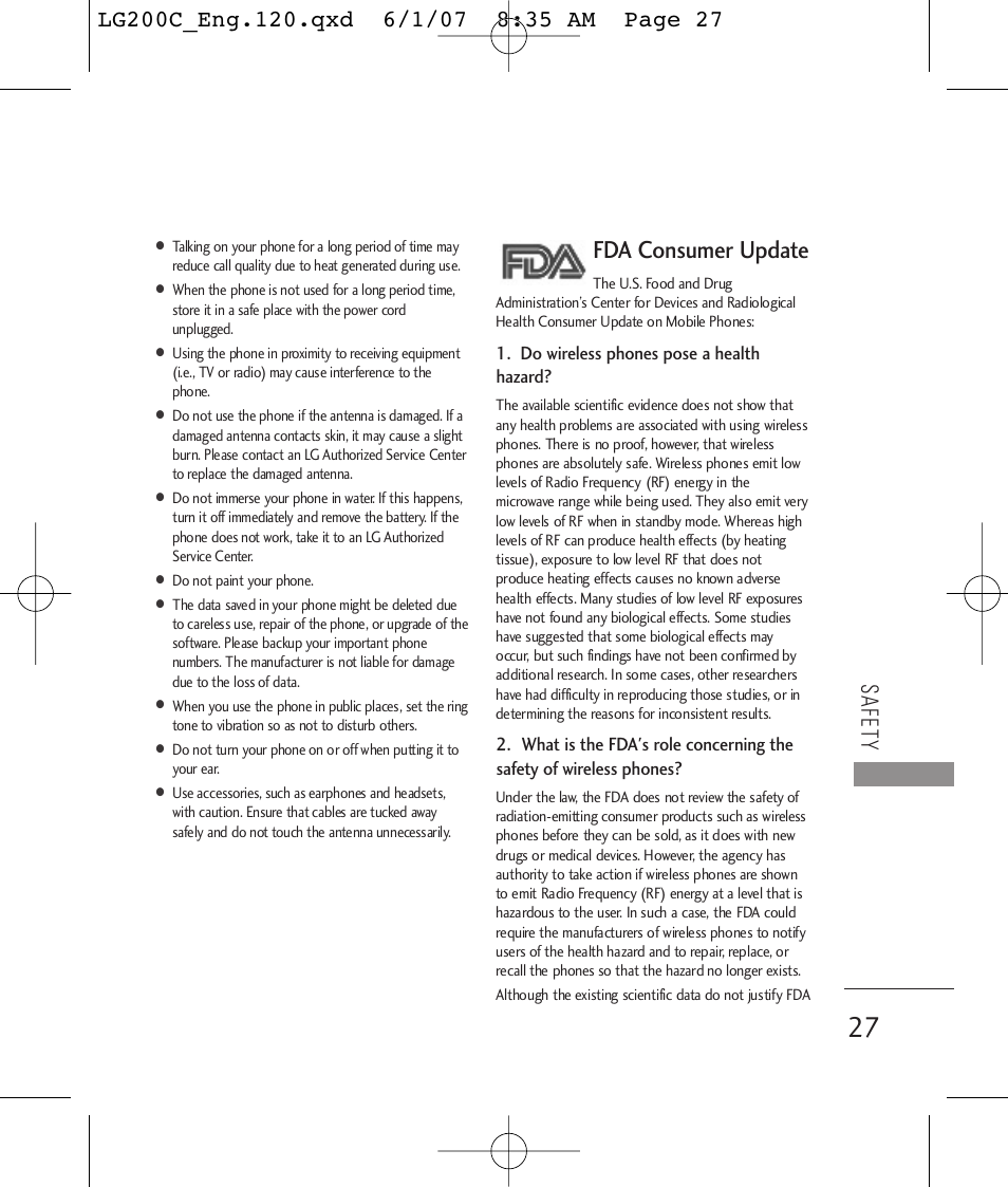 Fda consumer update, Safety | LG 200C User Manual | Page 29 / 39
