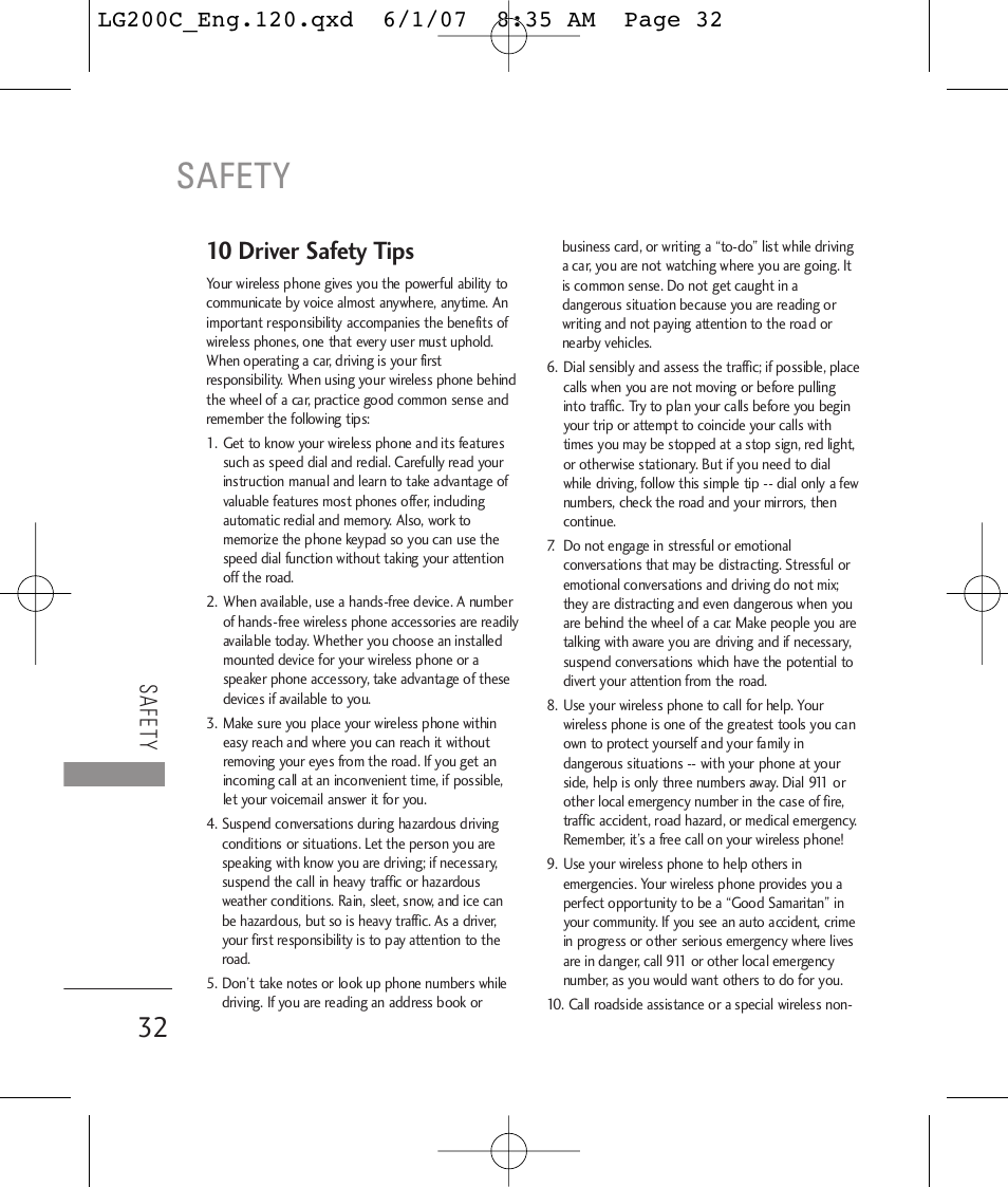 Safety, 10 driver safety tips | LG 200C User Manual | Page 34 / 39