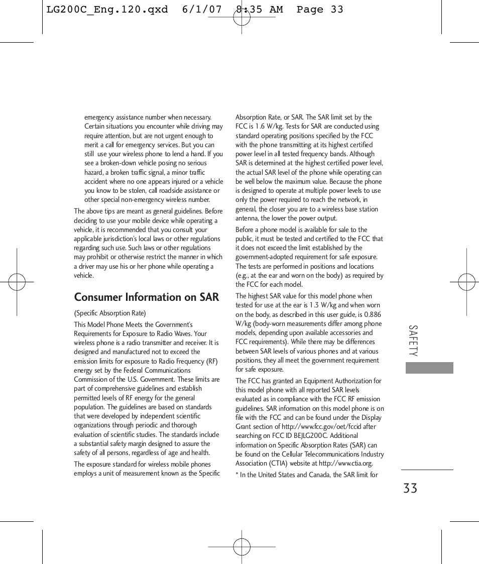Consumer information on sar, Safety | LG 200C User Manual | Page 35 / 39