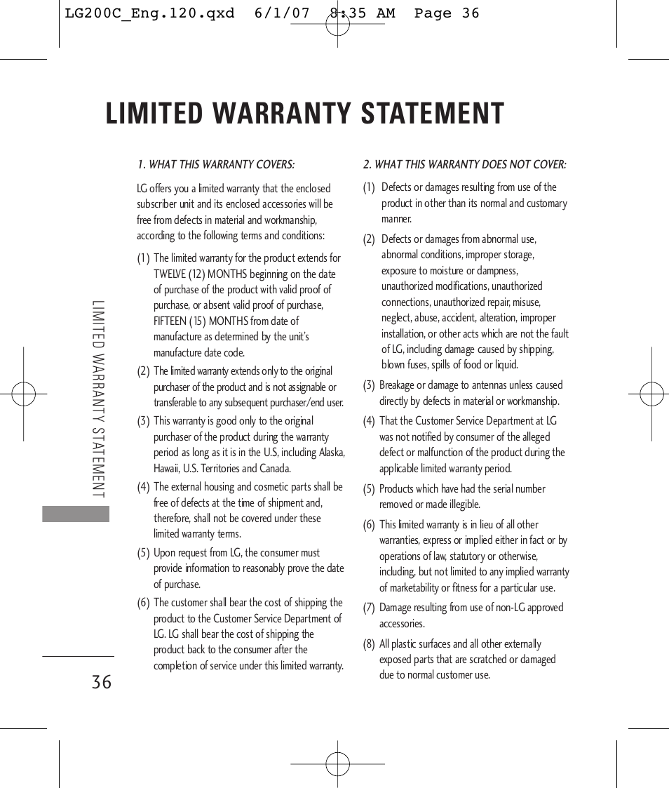 Limited warranty statement | LG 200C User Manual | Page 38 / 39