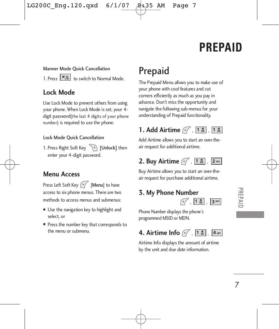 Prepaid, Lock mode, Menu access | Add airtime, Buy airtime, My phone number, Airtime info | LG 200C User Manual | Page 9 / 39