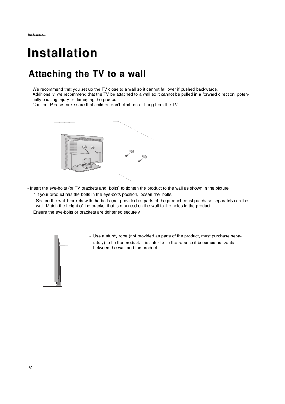 Installation, Attaching the tv to a wall | LG 26LC2D User Manual | Page 12 / 64