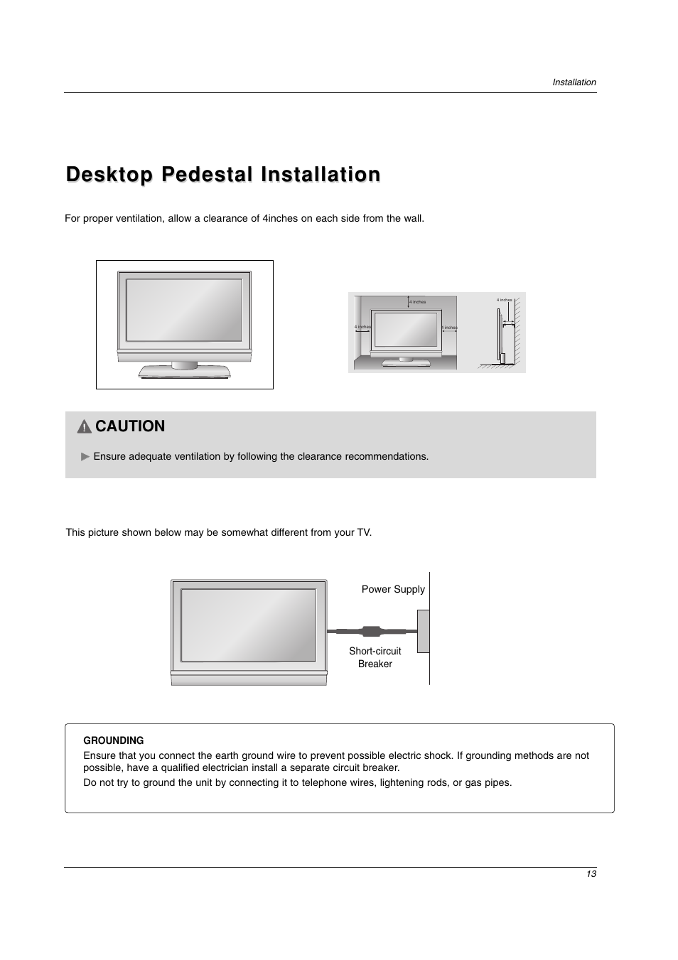 Desktop pedestal installation, Caution | LG 26LC2D User Manual | Page 13 / 64