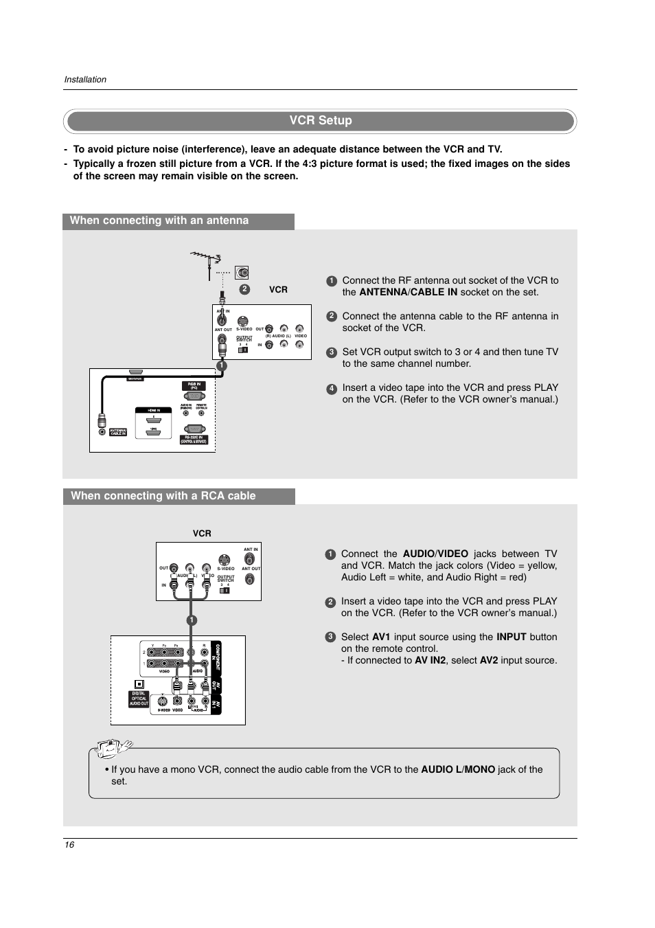 Vcr setup, When connecting with an antenna, When connecting with a rca cable | Installation | LG 26LC2D User Manual | Page 16 / 64