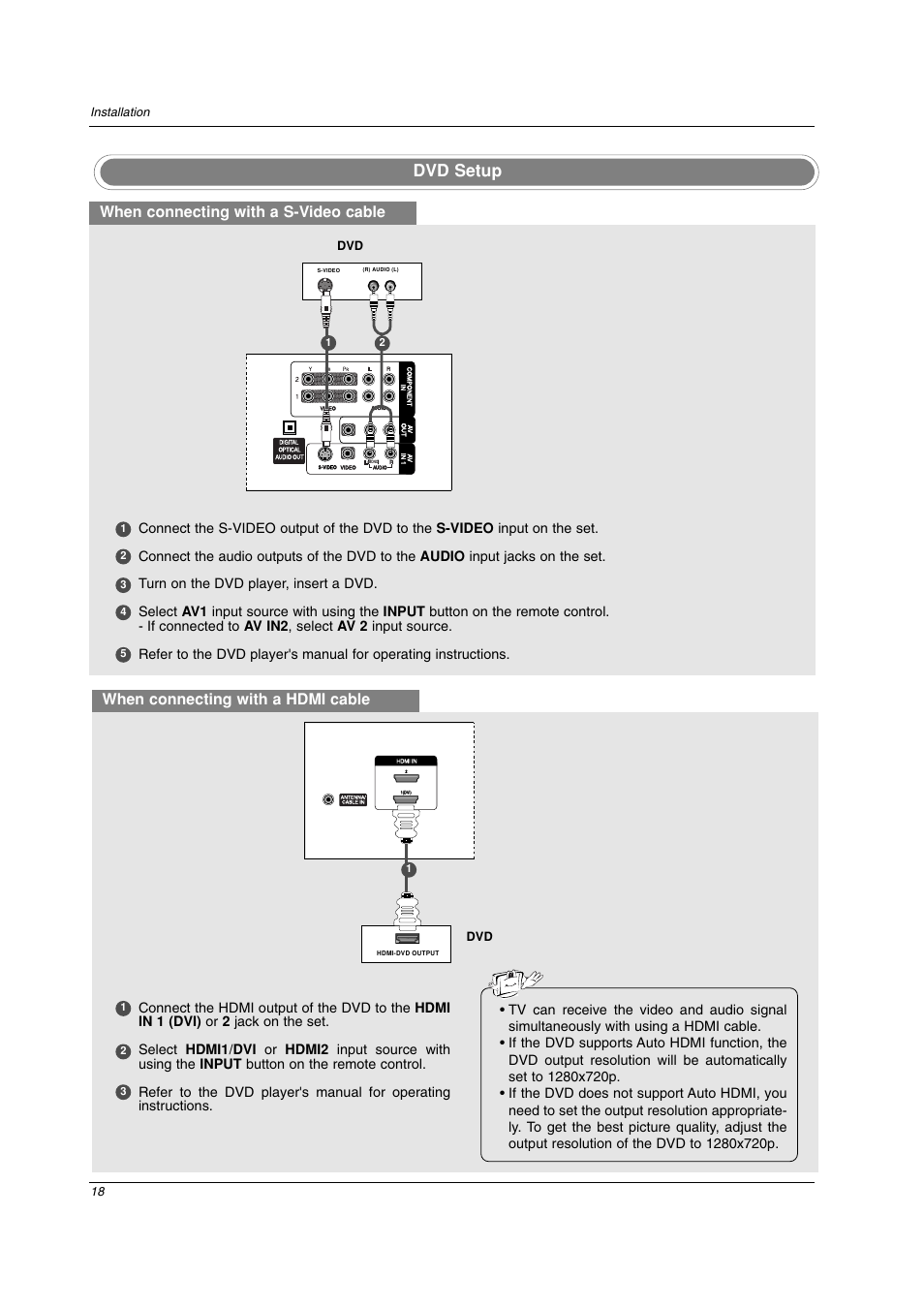 Dvd setup, When connecting with a s-video cable, When connecting with a hdmi cable | Installation | LG 26LC2D User Manual | Page 18 / 64