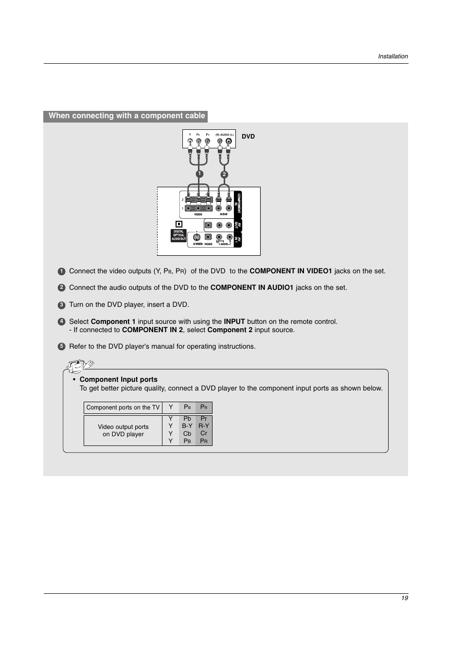 When connecting with a component cable, Connect the video outputs (y, p | LG 26LC2D User Manual | Page 19 / 64