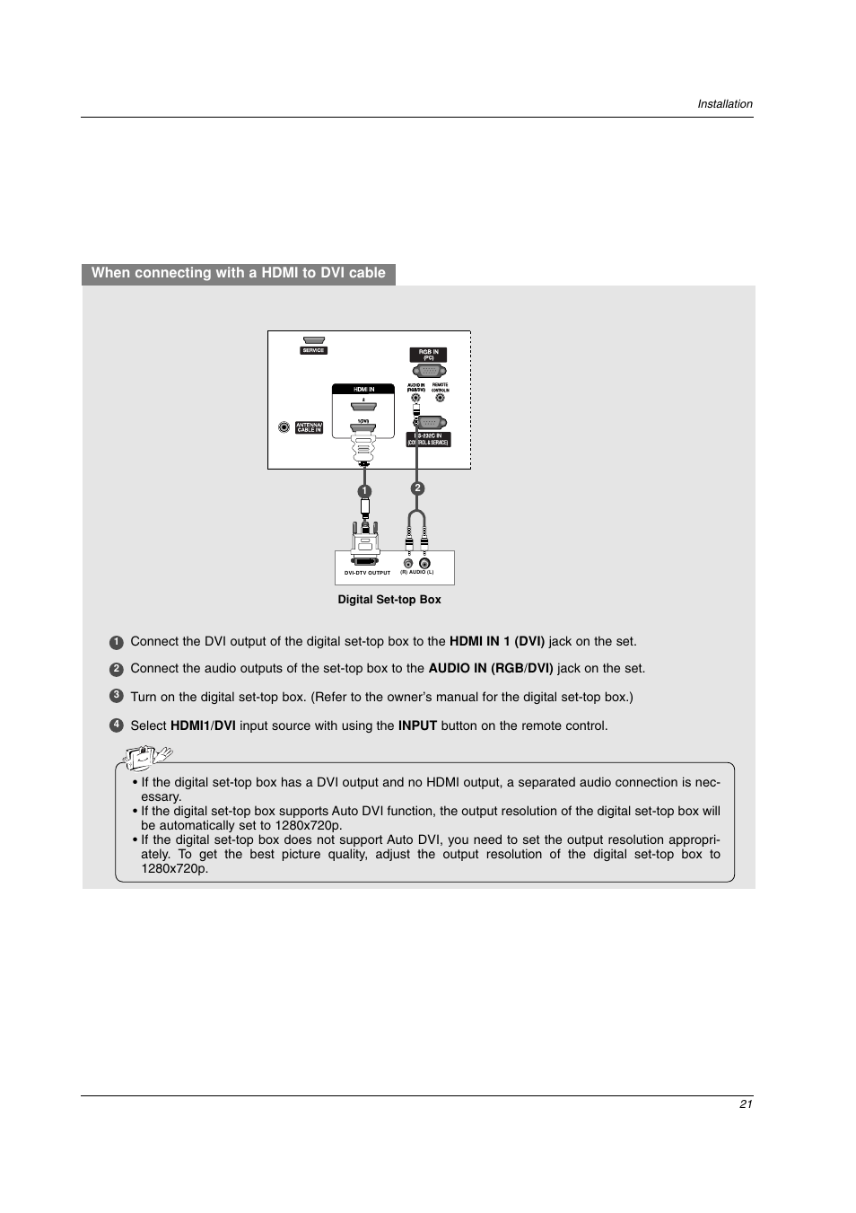 When connecting with a hdmi to dvi cable, 21 installation, Digital set-top box | LG 26LC2D User Manual | Page 21 / 64
