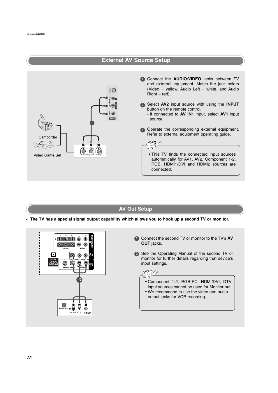 External av source setup, Av out setup | LG 26LC2D User Manual | Page 22 / 64