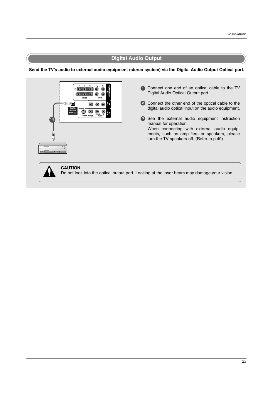 Digital audio output, 23 installation | LG 26LC2D User Manual | Page 23 / 64