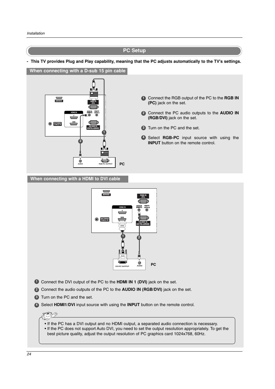 Pc setup, When connecting with a d-sub 15 pin cable, When connecting with a hdmi to dvi cable | 24 installation | LG 26LC2D User Manual | Page 24 / 64