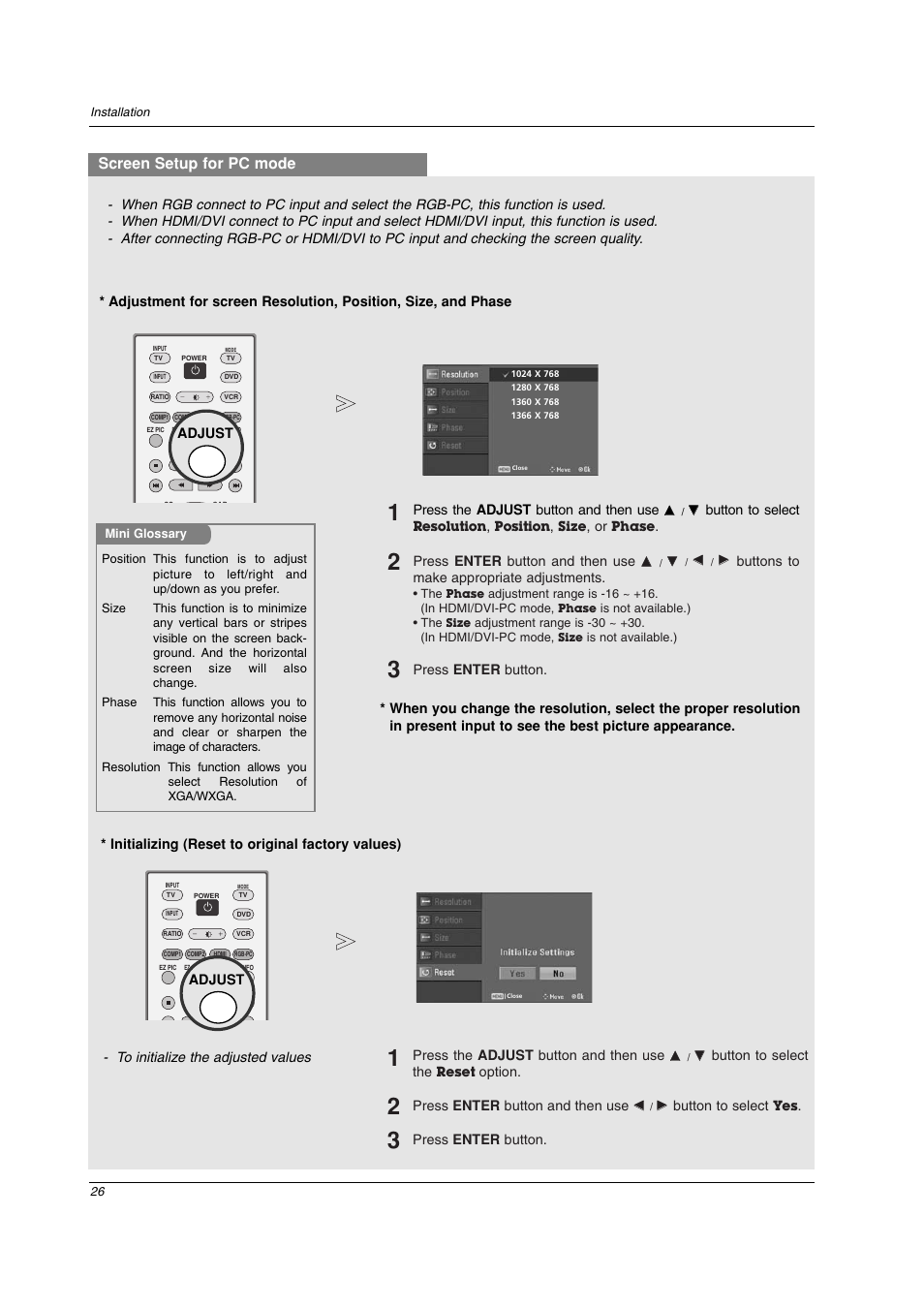 Screen setup for pc mode | LG 26LC2D User Manual | Page 26 / 64