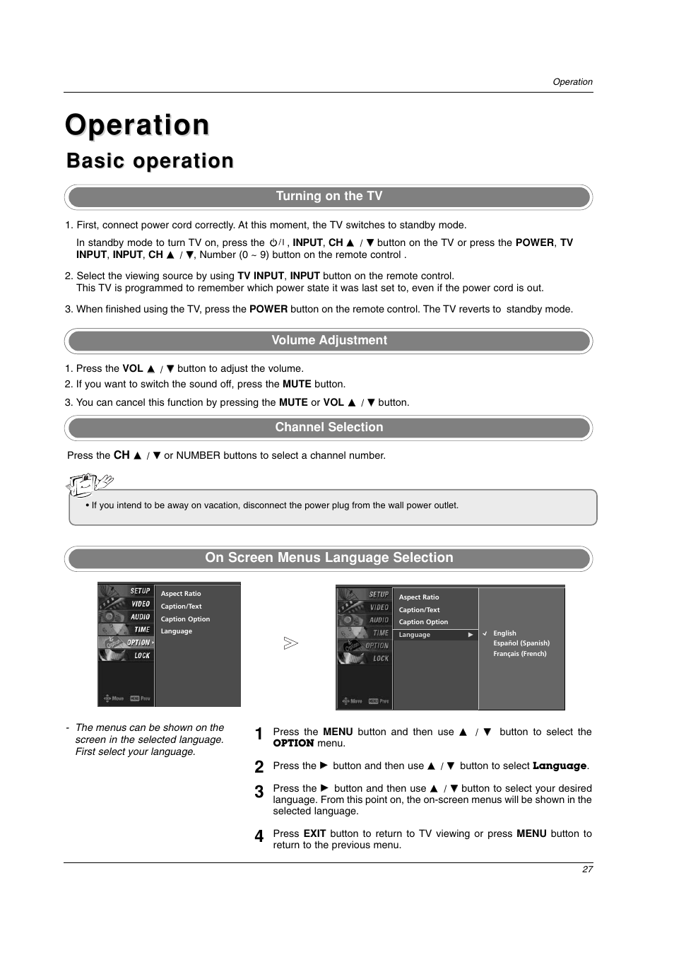 Operation, Basic operation, On screen menus language selection | LG 26LC2D User Manual | Page 27 / 64