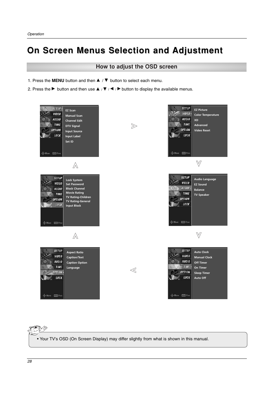 On screen menus selection and, How to adjust the osd screen | LG 26LC2D User Manual | Page 28 / 64