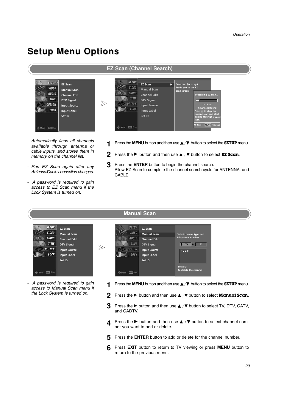 Setup menu options, Ez scan (channel search), Manual scan | LG 26LC2D User Manual | Page 29 / 64