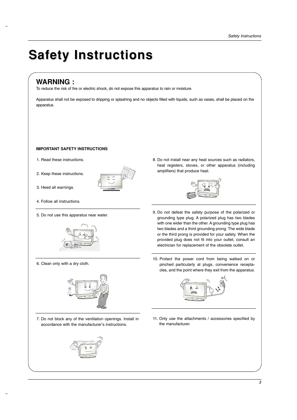 Safety instructions, Warning | LG 26LC2D User Manual | Page 3 / 64