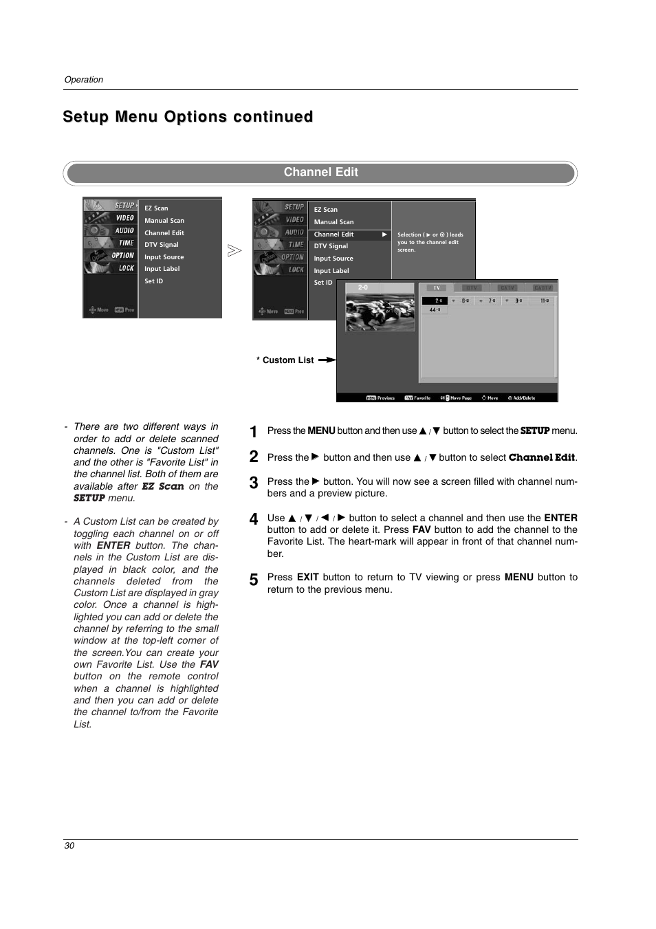 Setup menu options continued, Channel edit | LG 26LC2D User Manual | Page 30 / 64