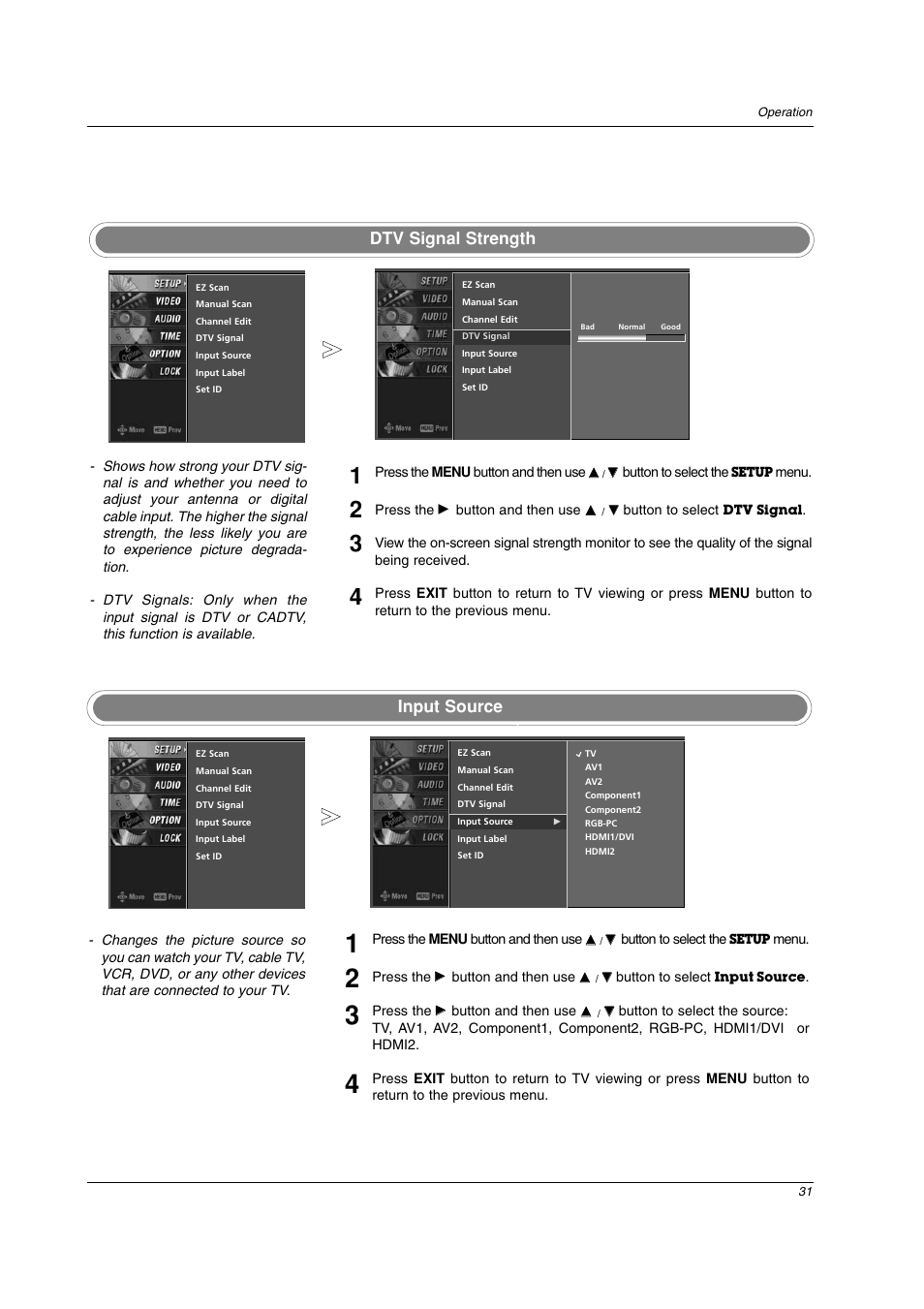 Dtv signal strength, Input source | LG 26LC2D User Manual | Page 31 / 64