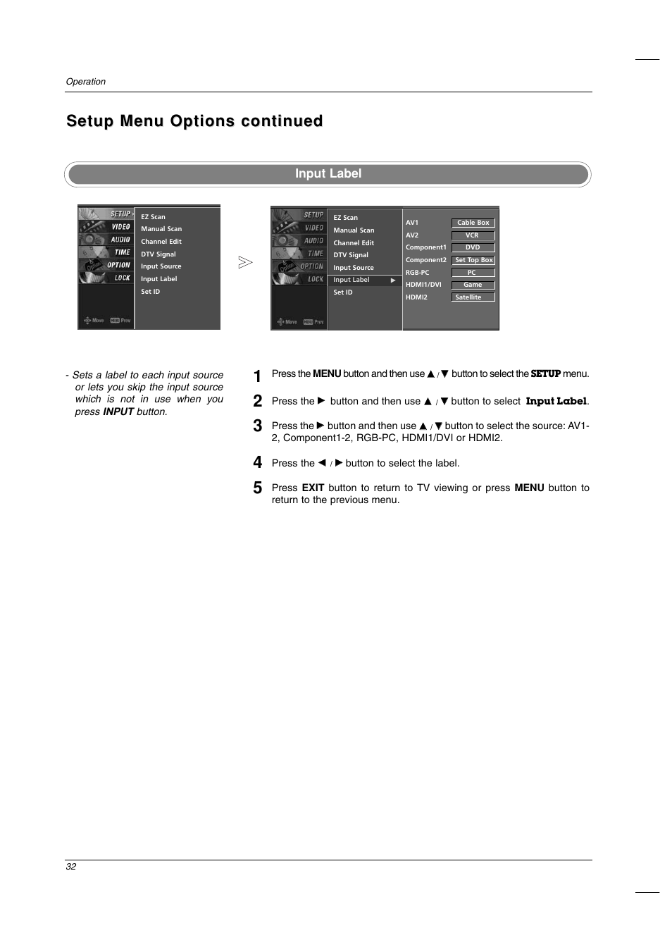 Setup menu options continued, Input label | LG 26LC2D User Manual | Page 32 / 64