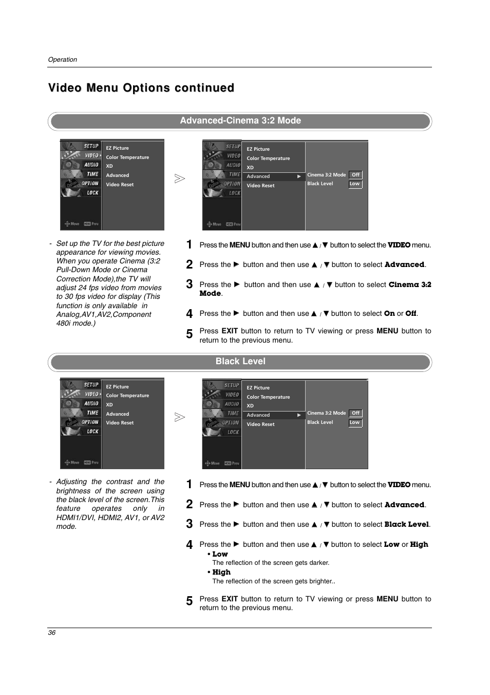 Advanced-cinema 3:2 mode black level | LG 26LC2D User Manual | Page 36 / 64