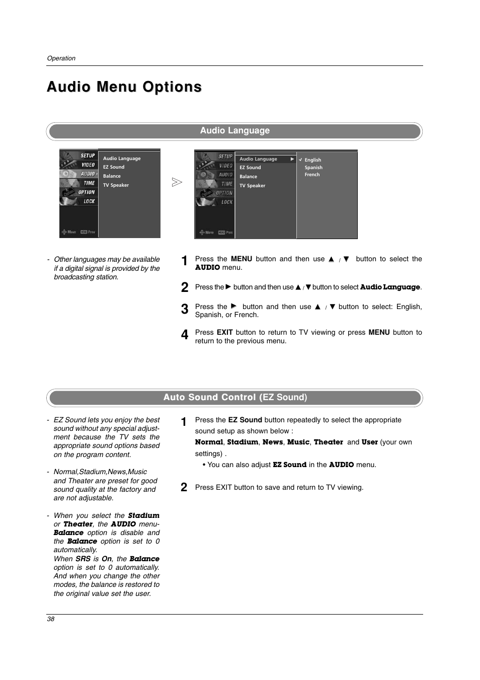 Audio menu options | LG 26LC2D User Manual | Page 38 / 64
