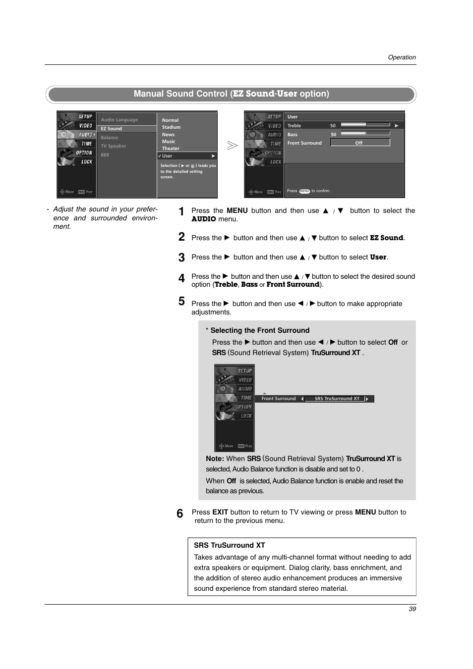 Manual sound control, Option), Ez sound-user | LG 26LC2D User Manual | Page 39 / 64
