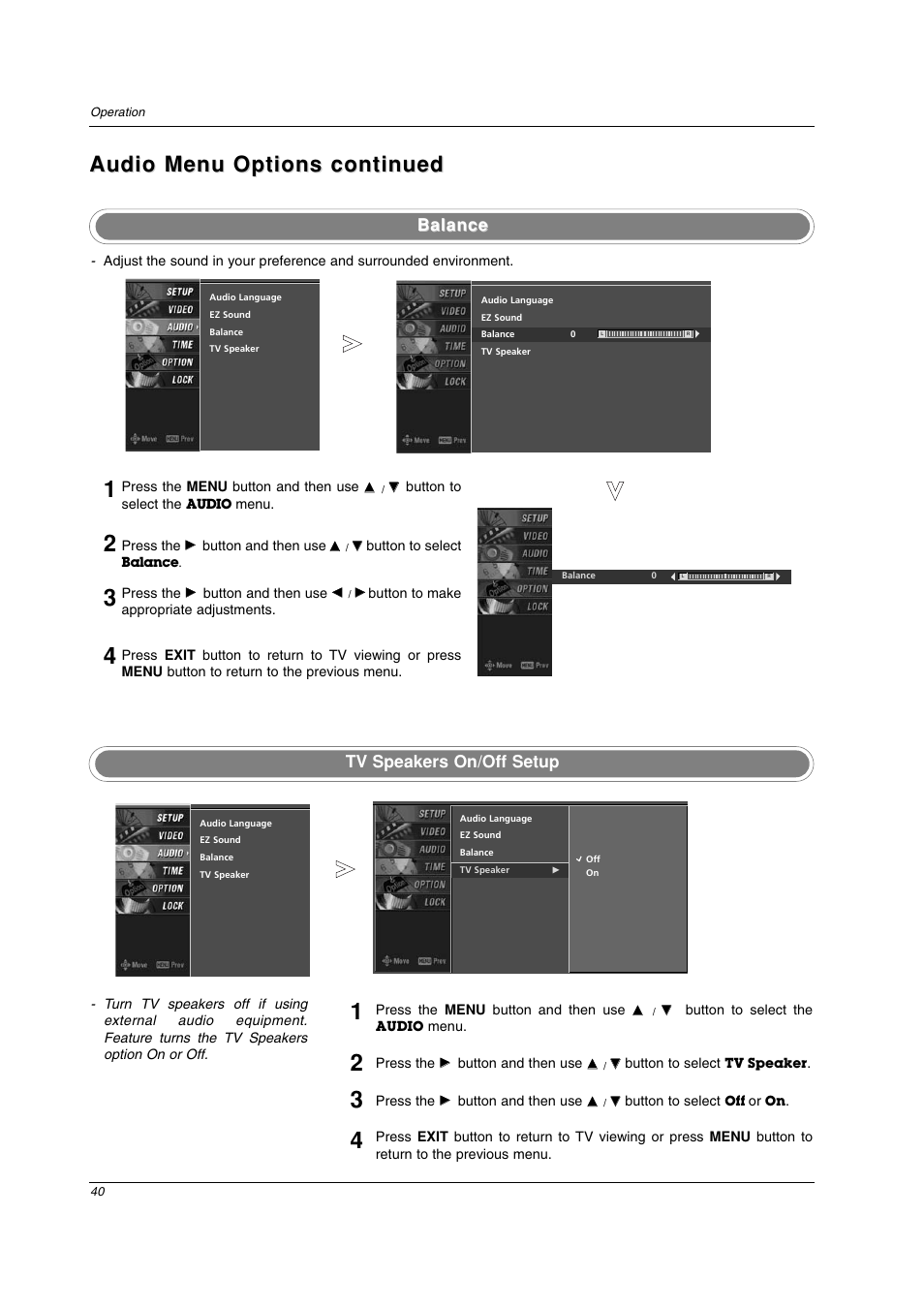 Audio menu options continued, Balance, Tv speakers on/off setup | LG 26LC2D User Manual | Page 40 / 64