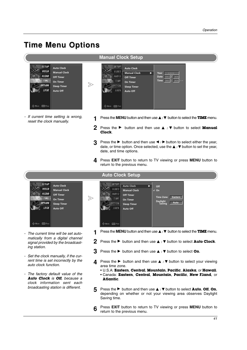 Time menu options ime menu options, Auto clock setup manual clock setup | LG 26LC2D User Manual | Page 41 / 64