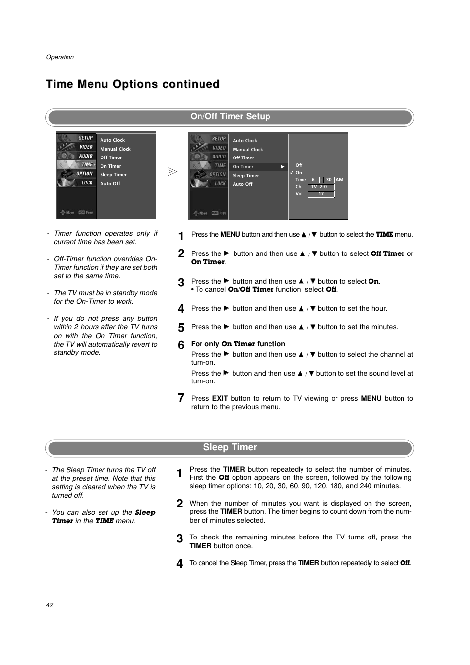 Sleep timer, On/off timer setup | LG 26LC2D User Manual | Page 42 / 64