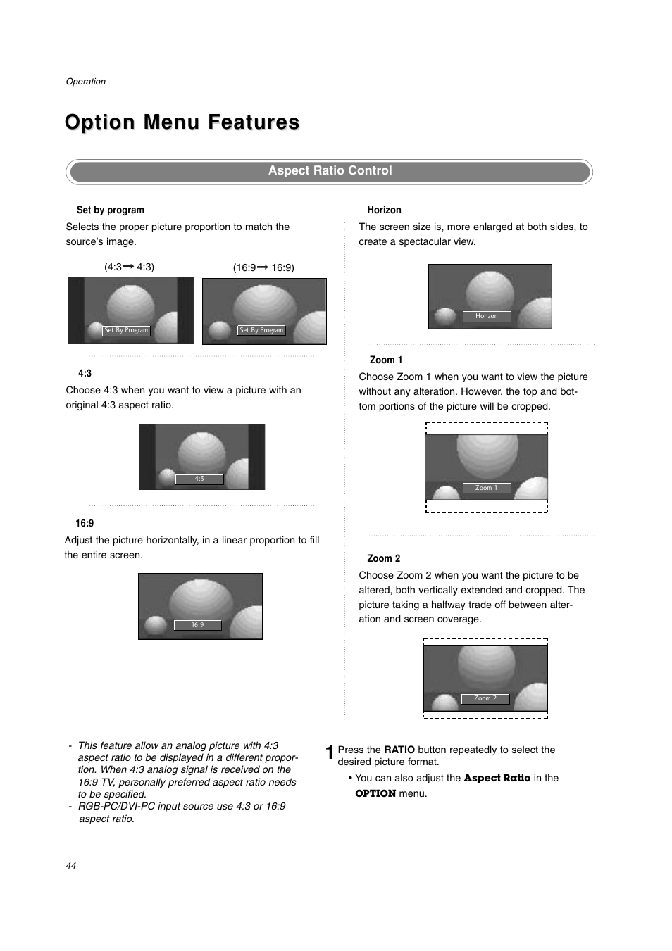 Option menu features | LG 26LC2D User Manual | Page 44 / 64