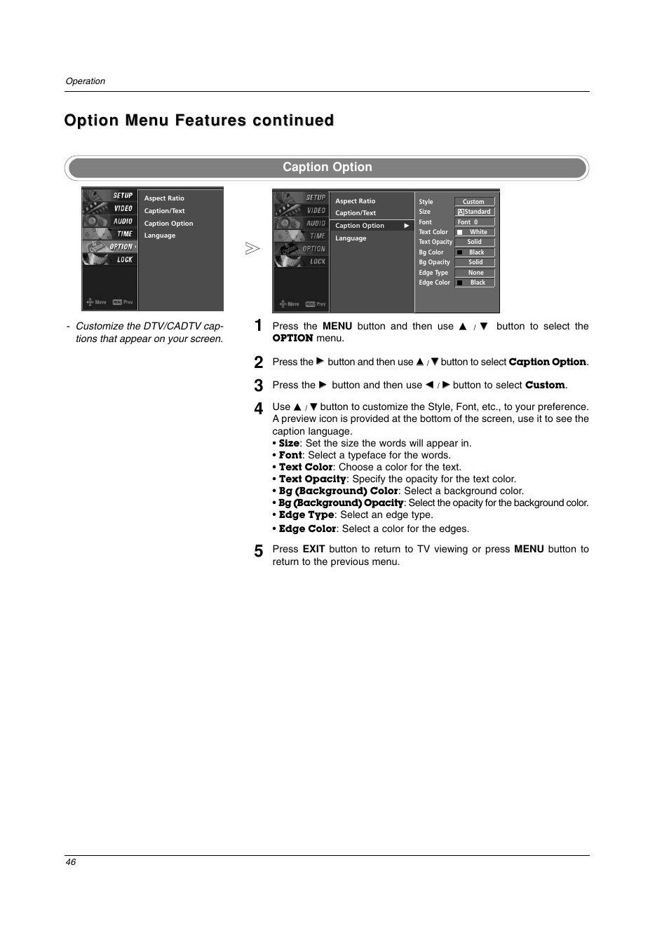 Option menu features continued, Caption option | LG 26LC2D User Manual | Page 46 / 64