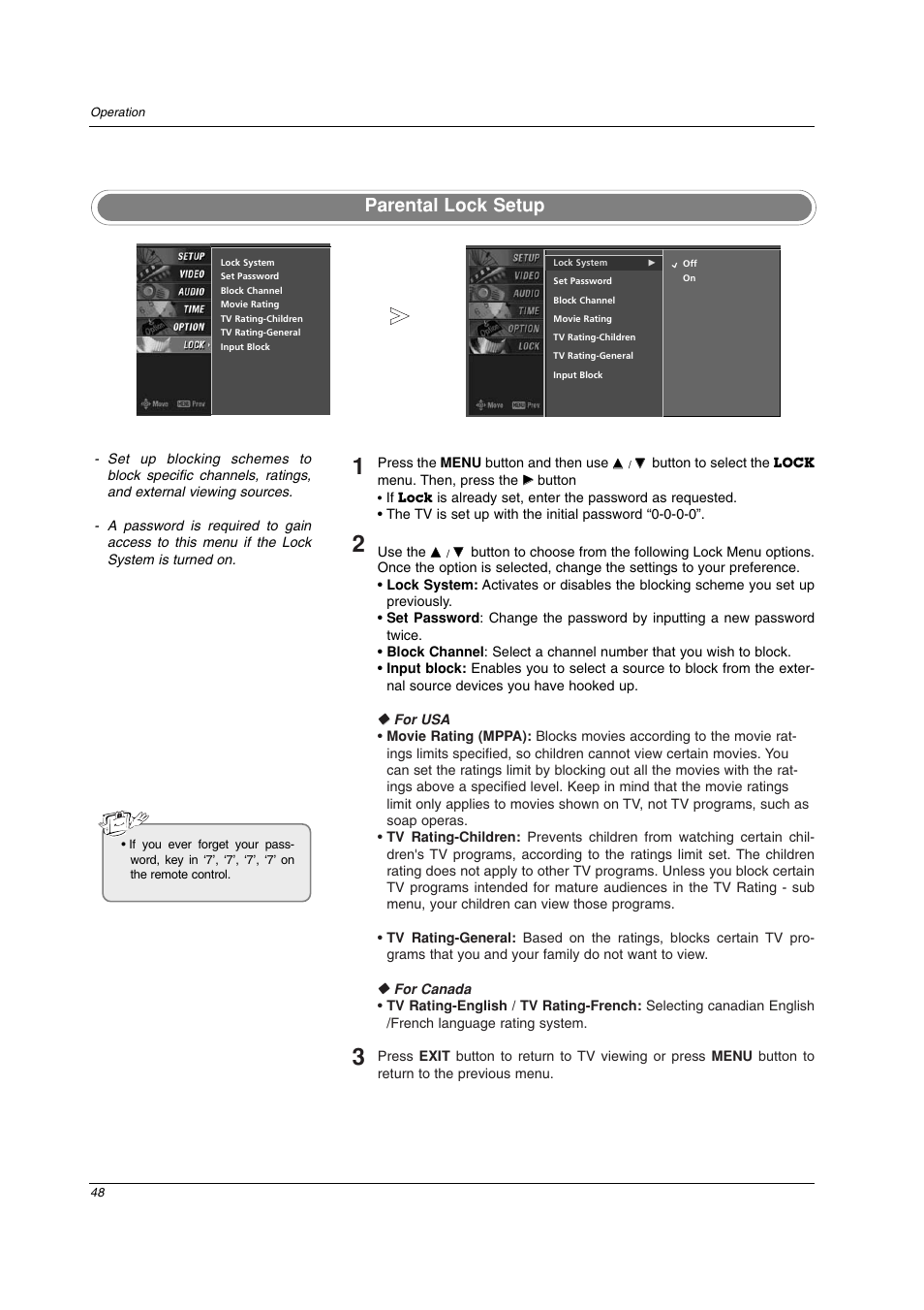 Parental lock setup | LG 26LC2D User Manual | Page 48 / 64