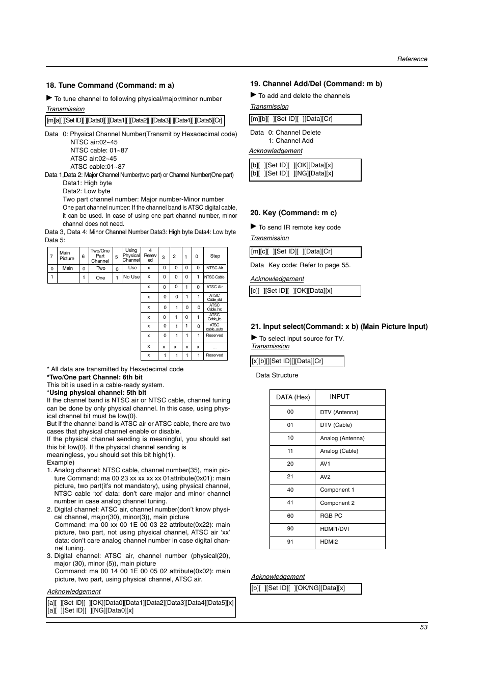 Tune command (command: m a), Input select(command: x b) (main picture input), Channel add/del (command: m b) | Key (command: m c) | LG 26LC2D User Manual | Page 53 / 64
