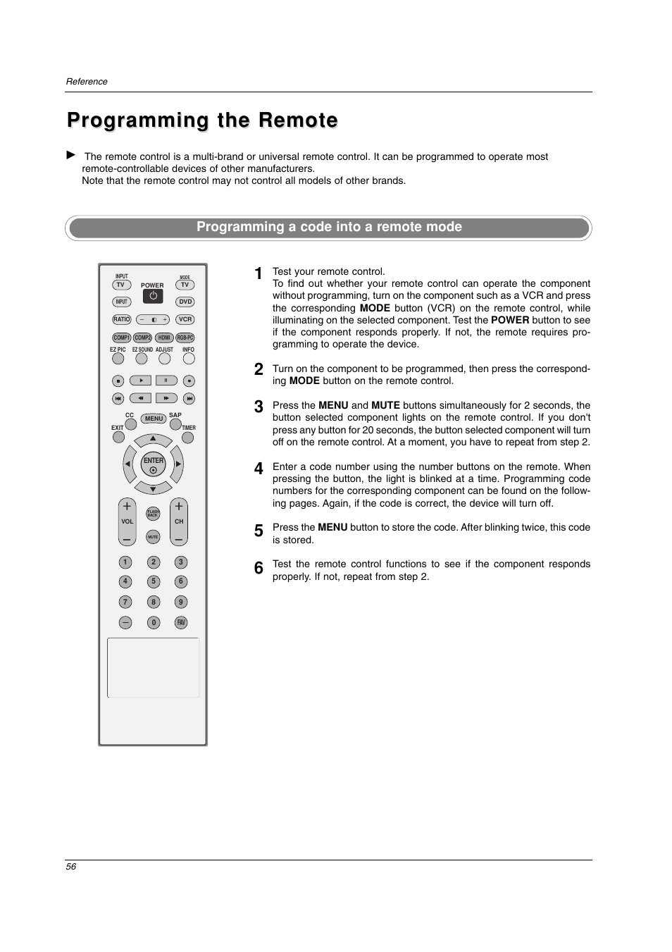 Programming the remote, Programming a code into a remote mode | LG 26LC2D User Manual | Page 56 / 64
