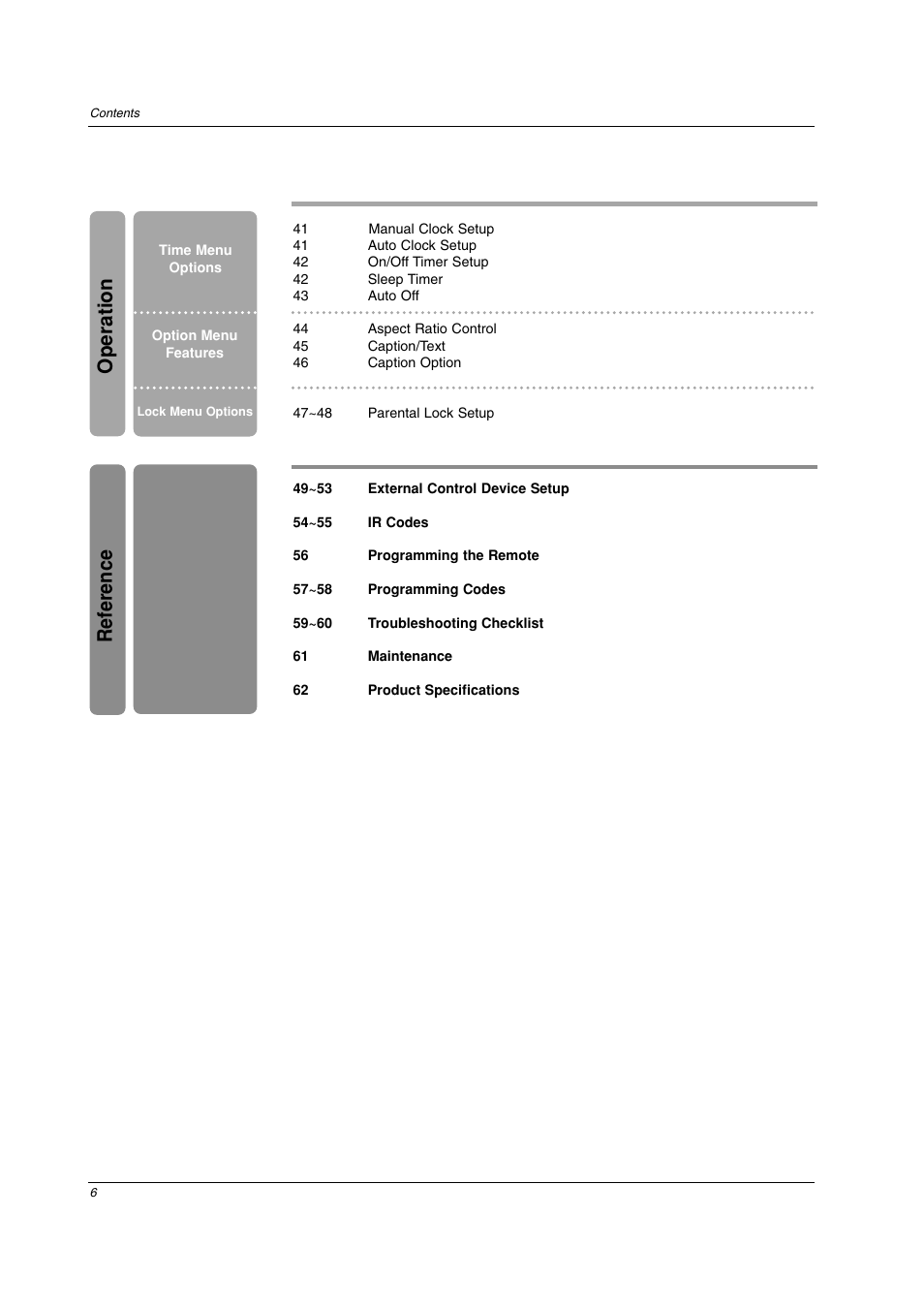 Reference, Operation | LG 26LC2D User Manual | Page 6 / 64