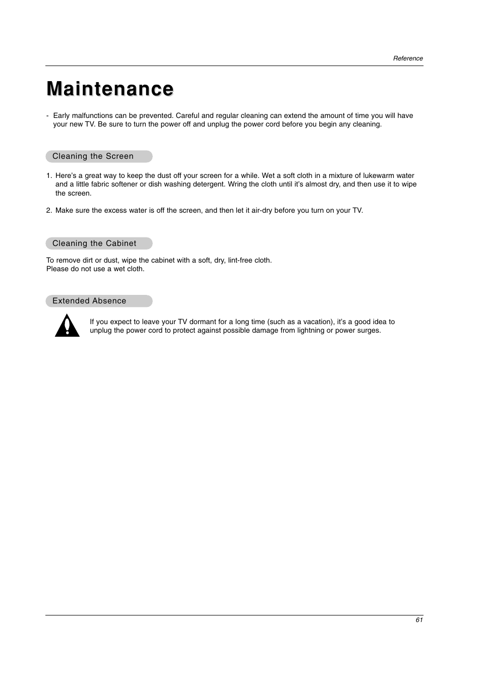 Maintenance | LG 26LC2D User Manual | Page 61 / 64