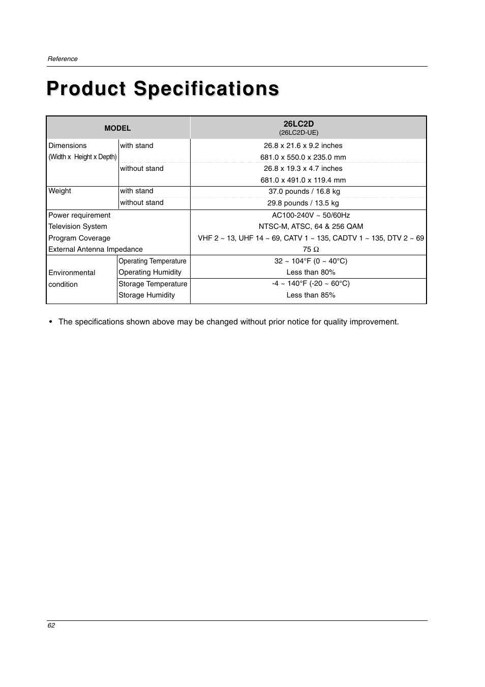 Product specifications | LG 26LC2D User Manual | Page 62 / 64
