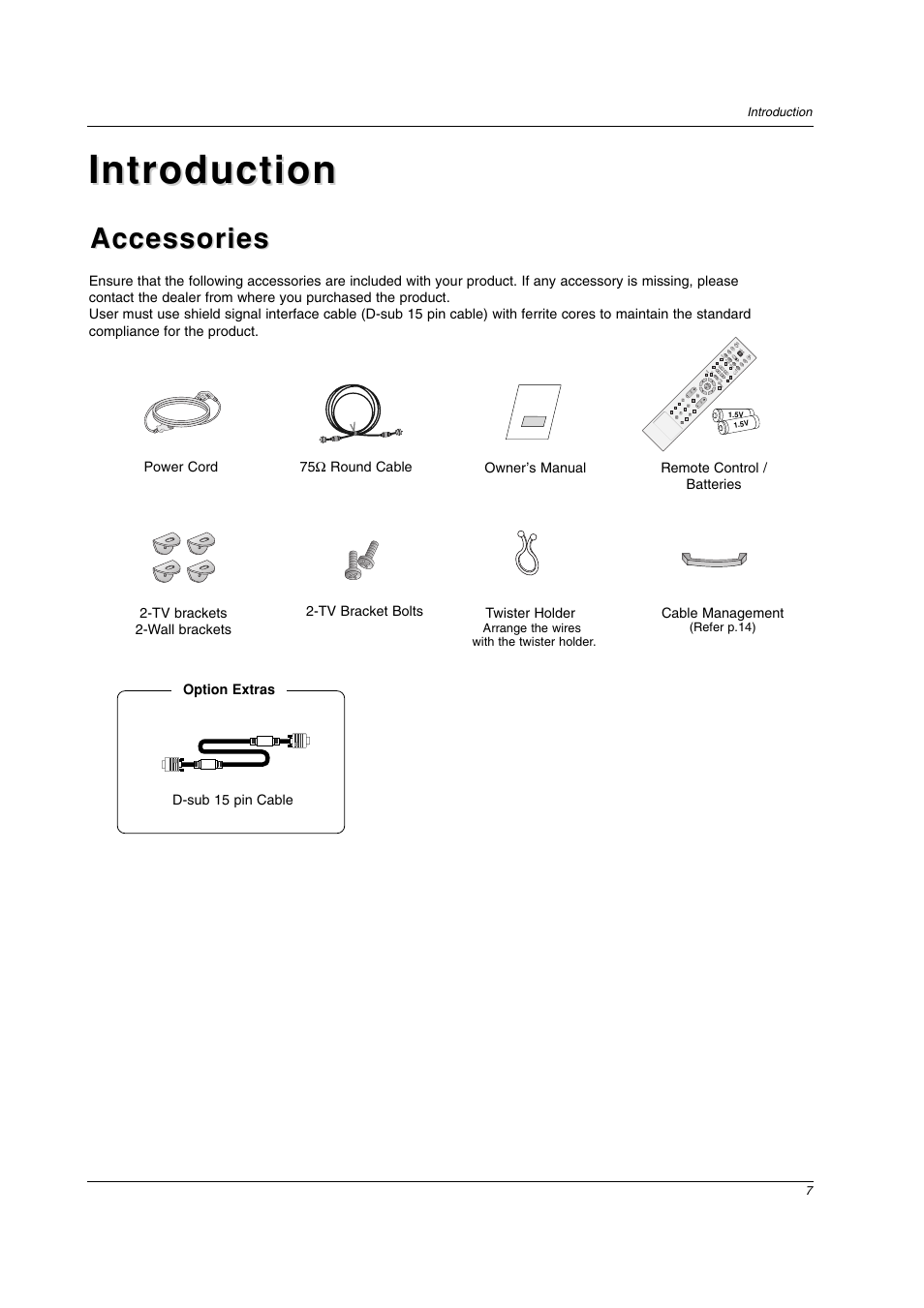 Introduction, Accessories | LG 26LC2D User Manual | Page 7 / 64